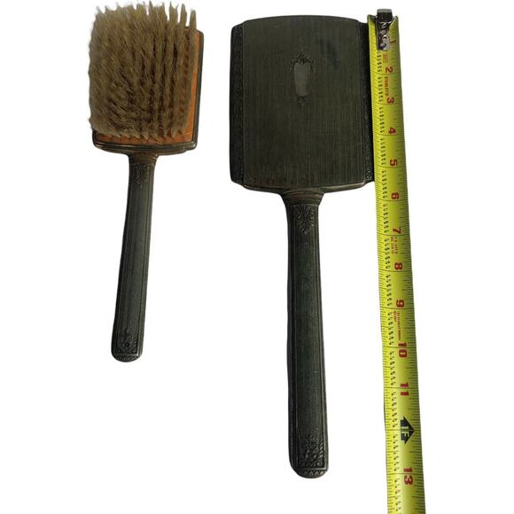 Mid Century Patina Silver Tone Vanity Set Hand Mirror Hair Brush Vintage Set - Picture 9 of 10